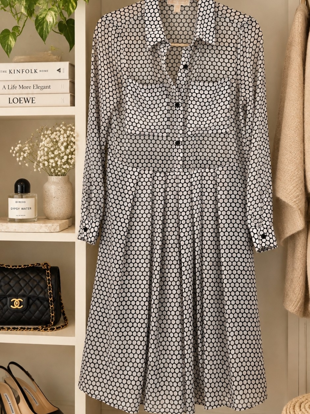 Michael Kors Black & White Polka Dot Long-Sleeve Shirt Dress